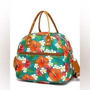 Flow fly Hawaiian print insulated lunch bag with shoulder strap.